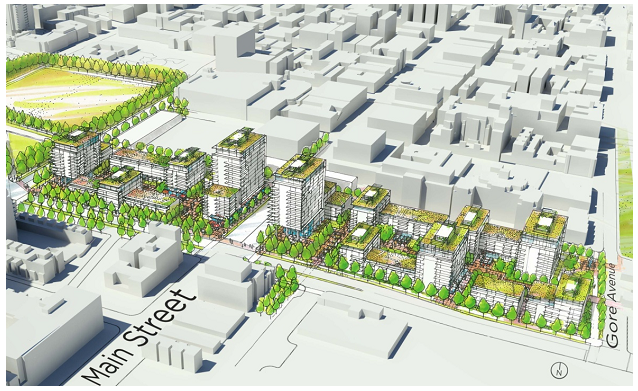 Conceptual illustration of potential mixed-use residential and commercial development centred around main street corridor.