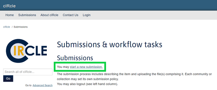 On the Submissions and workflow tasks page, select Start a New Submission.
