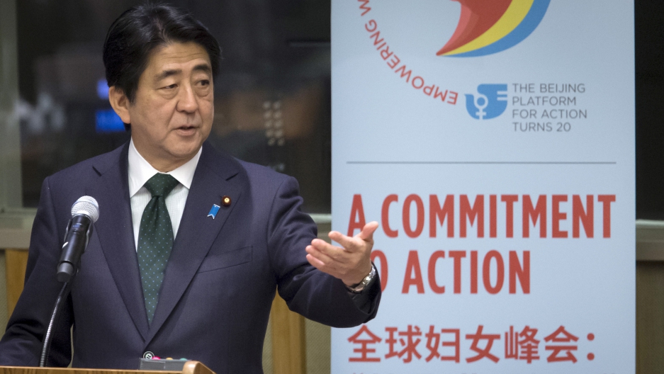 Prime Minister of Japan Shinzo Abe speaks during the Global Leaders' Meeting on Gender Equality and Women's Empowerment at UN headquarters (September 2015).