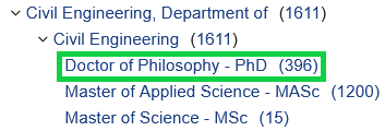 A nested list of degrees under the Civil Engineering program, including Doctor of Philosophy, Master of Applied Science, and Master of Science. Doctor of Philosophy is outlined in a green box.