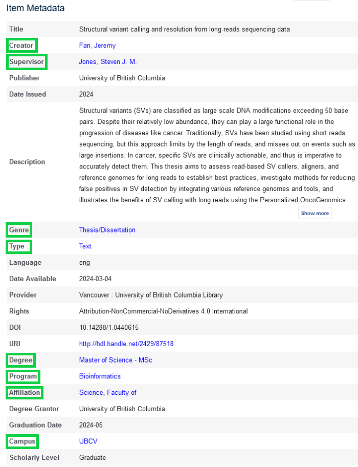 Item record for a thesis entitled “structural variant calling and resolution from long reads sequencing data” by Jeremy Fan. Outlined in green are the Supervisor, Genre, Degree, Program, and Affiliation metadata fields. The text of the corresponding values is blue, indicating a clickable hyperlink.