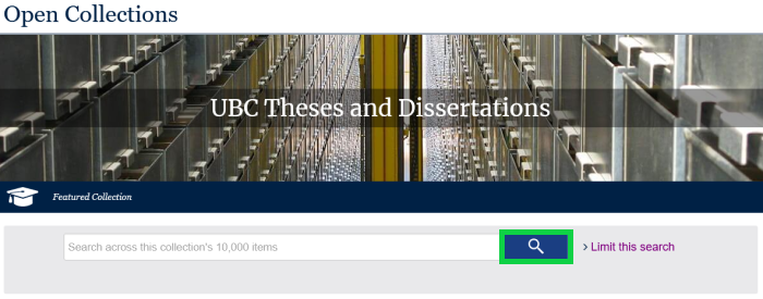 The UBC Theses and Dissertations home page featuring a search bar with a magnifying glass icon to its right. The icon is outlined in a green box.