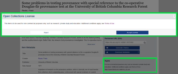 A green box encasing the OC License pop-up over a thesis item record.