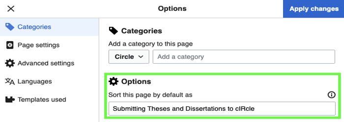 Screenshot showing Image Options, with the Categories Options section highlighted in green. An edited page sort key is shown in the text box.