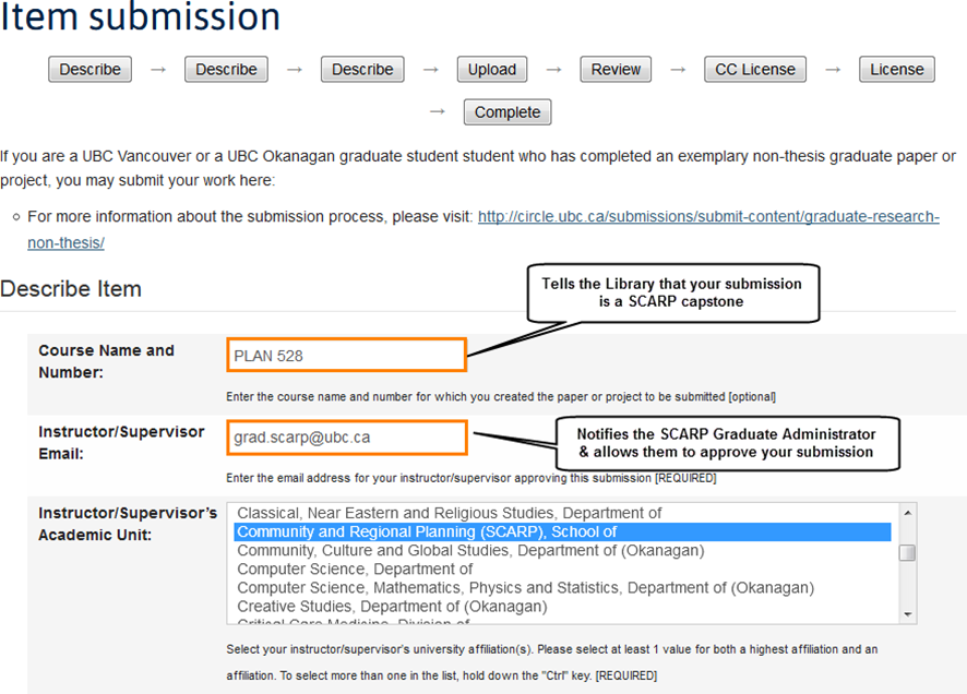 Screenshot of course instructor/course code submission step for SCARP Capstone deposits to cIRcle