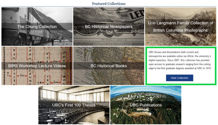 The Featured Collections heading on the Open Collections website. Beneath it are eight boxes with the titles of different collections. The “UBC Theses and Dissertations” box is marked by a green box. The “View Collection” button is visible.