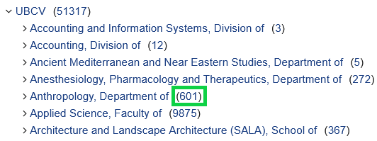 A nested list of Faculties, Schools, Departments, and Divisons under the UBC-V campus heading. The number in parentheses, 601, to the right of “Anthropology, Department of,” is outlined with a green box.