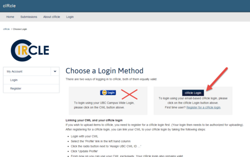 cIRcle login page with red arrow pointing to cIRcle Login button as preferred login method