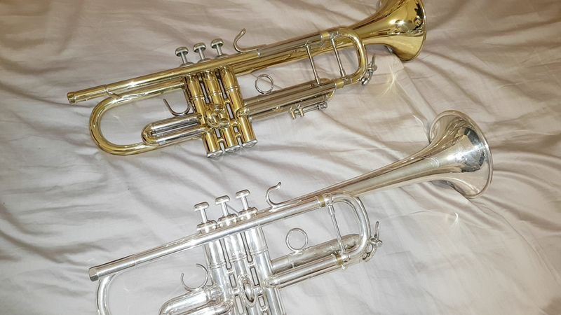 File:Lacquered and silver trumpets.jpg