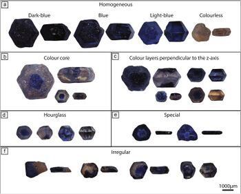 Sapphires divided by their colour distribution, shape and size.