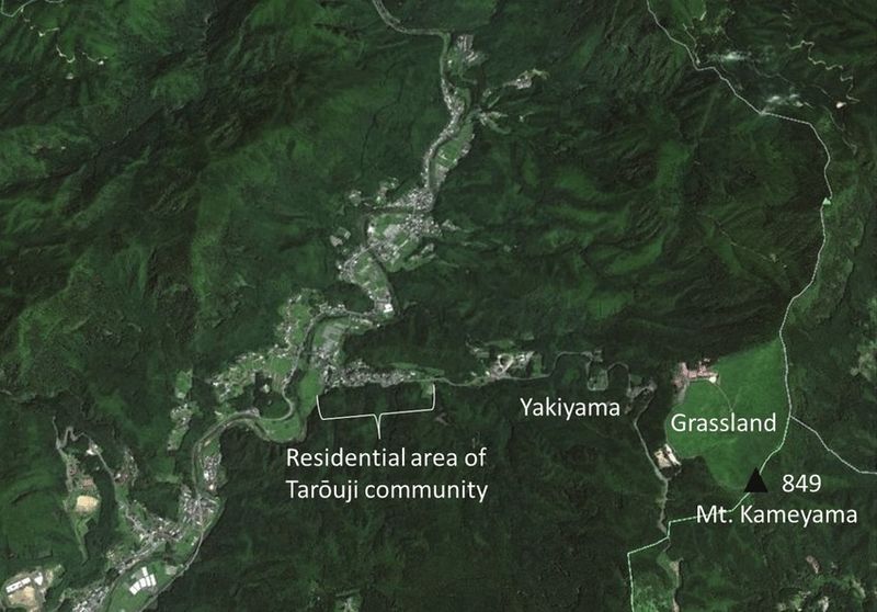 File:Spatial relationship of the community, the grassland, and the mountain Kameyama.jpg