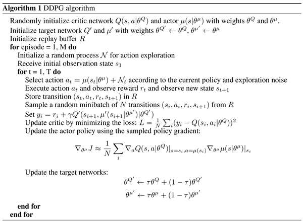 The Deep Deterministic Policy Gradient algorithm developed by DeepMind.