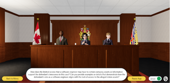 Court room visual captured from a screenshot. Shows 3D model design for courtroom with 3 judges, BC and Canadian flags, etc.