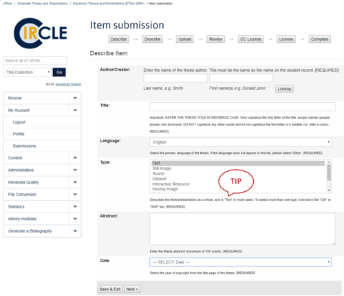 Item Submission screen of the thesis submission process with TIP! highlighting the prompt to leave "Text" default unless depositing audiovisual material.