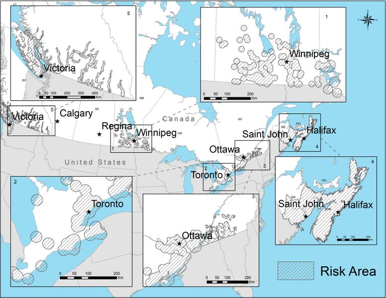 File:A map of 5 areas in Canada known as risk areas for tick exposure.jpg