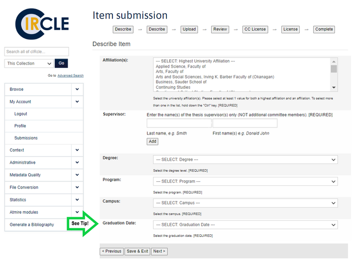 Describe Item page 2. Consult the tip that follows to complete the field Graduation Date.