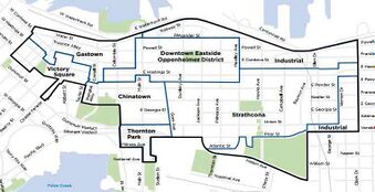 Shows a map of the Downtown Eastside with specific districts outlined