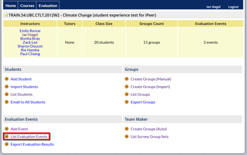 Documentation Connect View Ipeer Evaluation Results How To Ubc Wiki - the list evaluation events link is boxed in red above