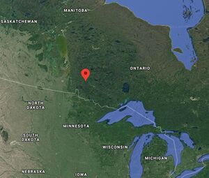 The point in red indicates the location of Grassy Narrows Anishinaabe group in Northwestern Ontario