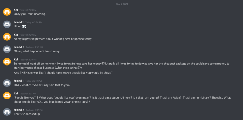 A Discord screenshot of a conversation between three friends