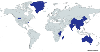 Map of common locations of sapphire deposits across the world highlighted in blue.