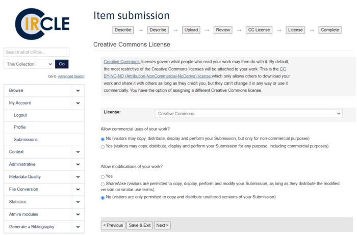 Creative Commons License page showing the default License selected with option buttons.