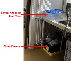 Annotated picture depicting the location of safety glasses, hair ties, and shoe covers.