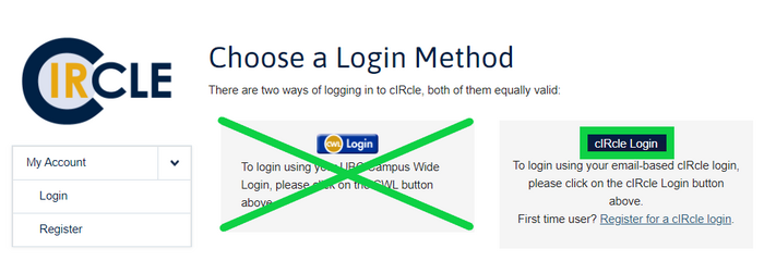 On the Choose a Login Method page, select the cIRcle Login button, not the CWL Login button.