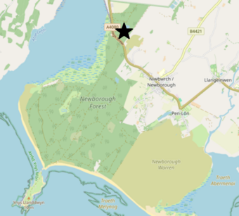 A map showing the area of Newborough Forest in green and below it, Newborough Warren in brown.