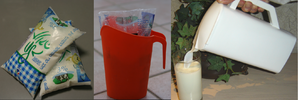 (from left to right) Customers purchase the milk pouch, then place it into a pitcher. The corner of the bag is cut and can then be dispensed for consumption.
