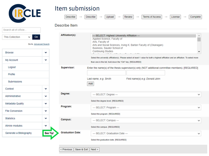 Describe Item page 2. Consult the tip that follows to complete the field Graduation Date.